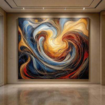 The primary subject of the image is a large painting of a swirling, colorful vortex. The painting is displayed on a wall, and it appears to be a digital art piece. The setting is a room with a white wall, and the visual style is a mix of digital art and illustration. The colors and mood of the painting are vibrant and dynamic, creating a sense of movement and energy.